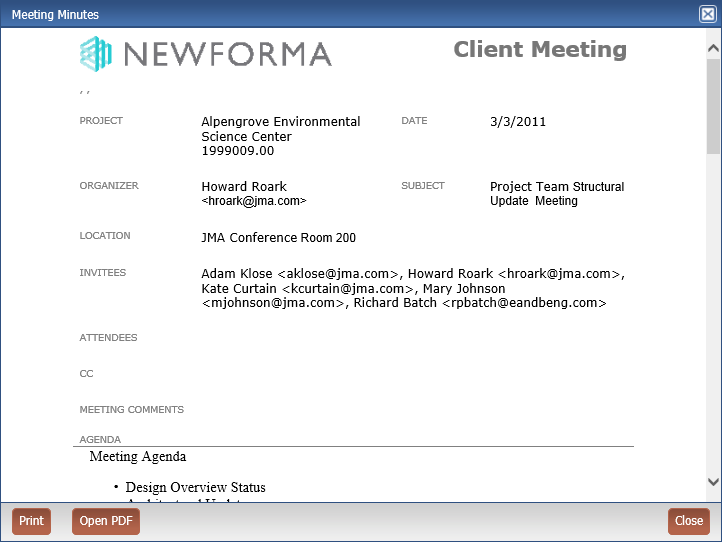 Newforma Info Exchange Twelfth Edition Help Meeting Minutes Form